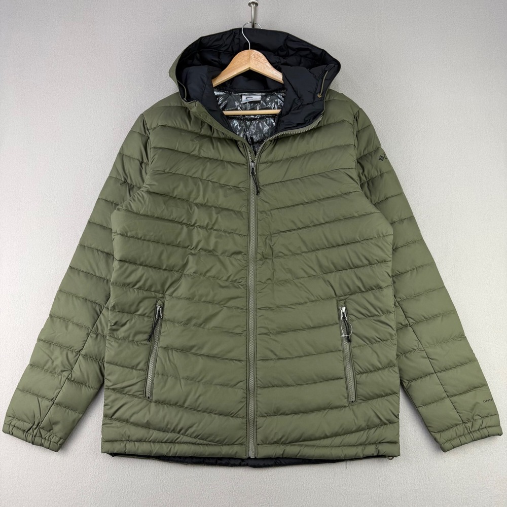 Columbia Powder Lite Hooded Jacket Men M Green Puffer Omni-Heat Full Zip Coat